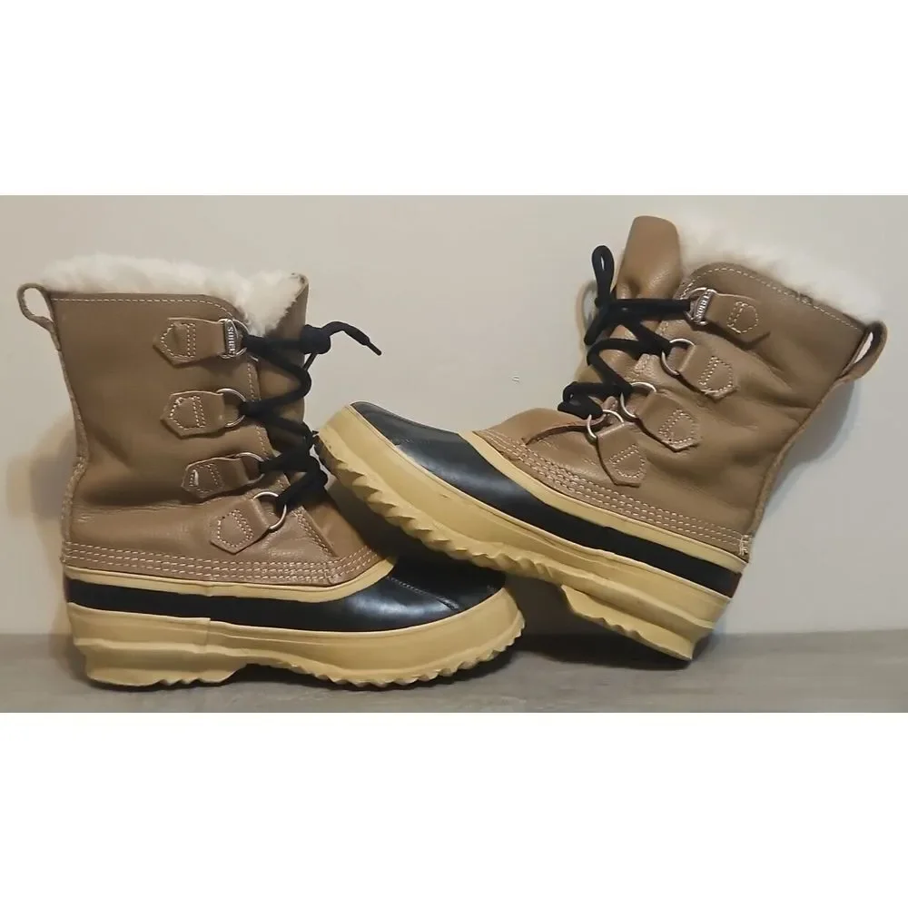 SOREL Unisex Caribou Snow Boots Made In Canada Brown Black‎ Women's Size 6